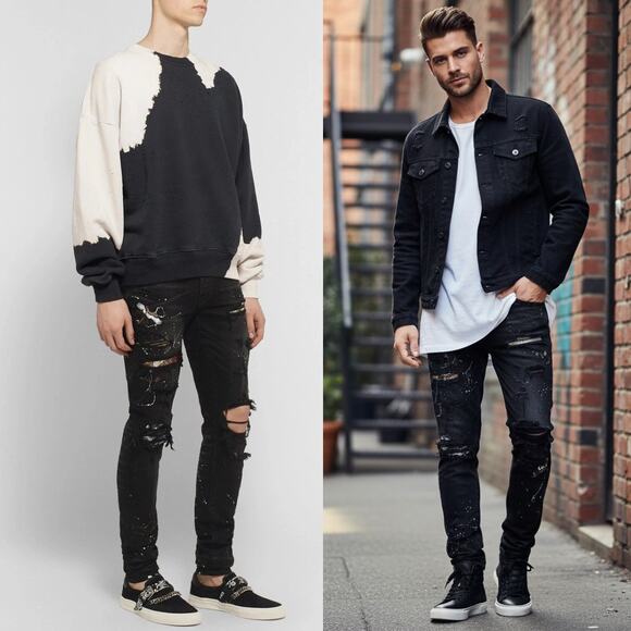 AMIRI Skinny-Fit Appliquéd Paint-Splatter Distressed Stretch-Denim Jean Black 28 - Picture 1 of 15